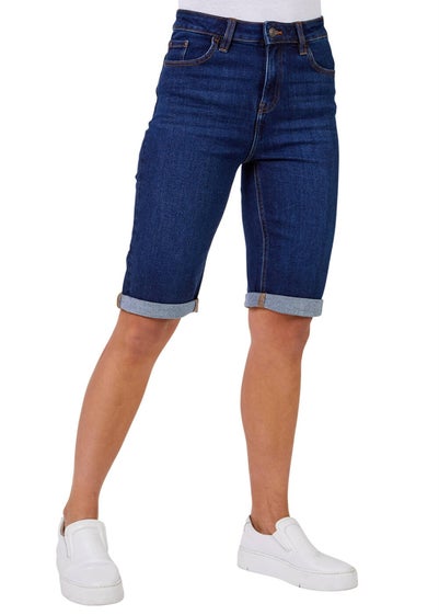 Roman Indigo Stretch Denim Knee Length Shorts Cotton Cropped Jeans