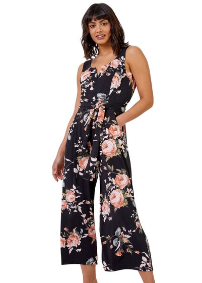 Roman Black Floral Print Cropped Leg Jumpsuit