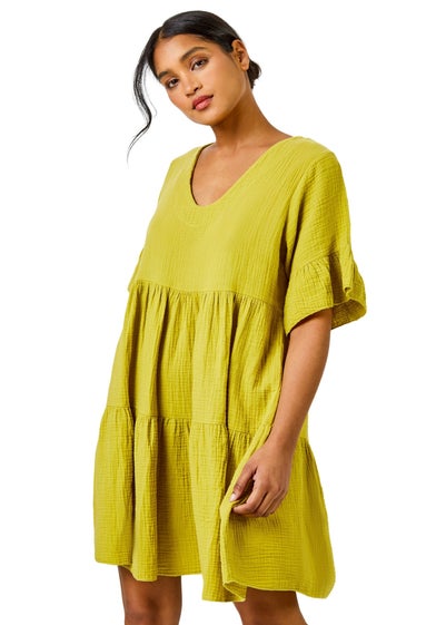 Roman Pea Green Textured Tiered Smock Dress