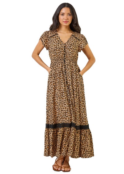 Roman Camel Animal Print Shirred Waist Maxi Dress