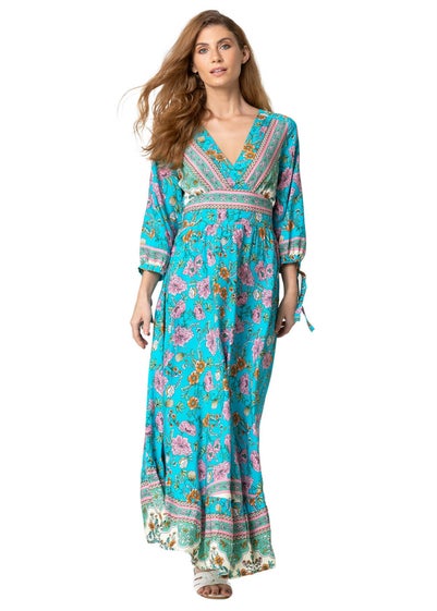 Roman Blue Floral Border Print Maxi Dress