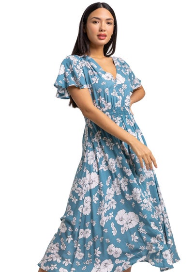 Roman Blue Floral Print Tiered Midi Dress