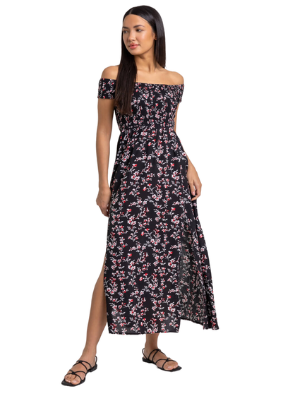 Roman Black Shirred Floral Print Bardot Dress