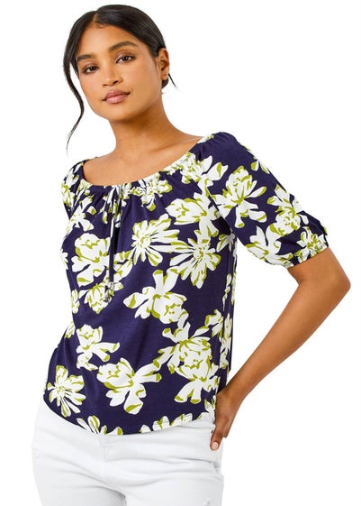 Roman Navy Floral Print Stretch Bardot Top