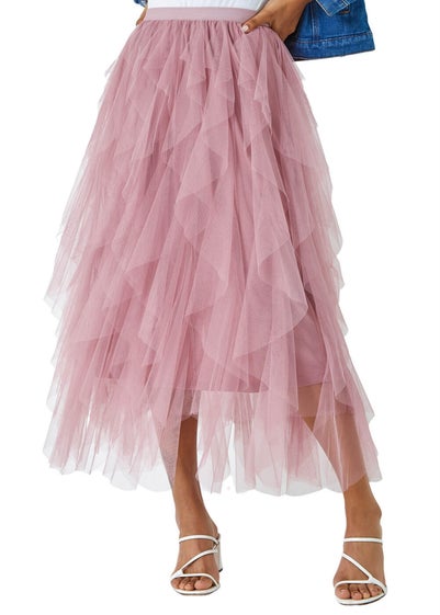 Roman Pink Elastic Waist Mesh Layered A Line Skirt