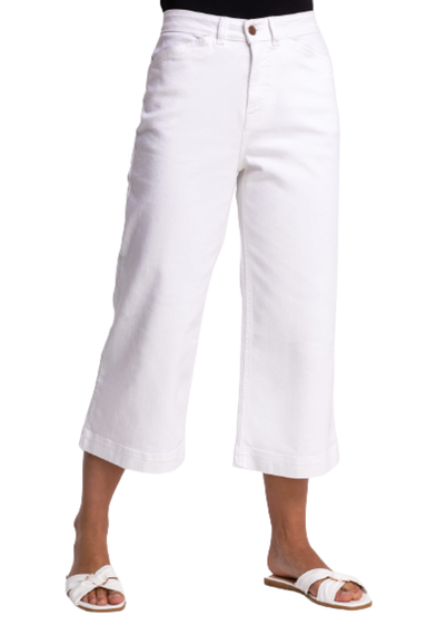 Roman White Wide Leg Cotton Jeans Stretch Denim Culottes Cropped Capri Pants