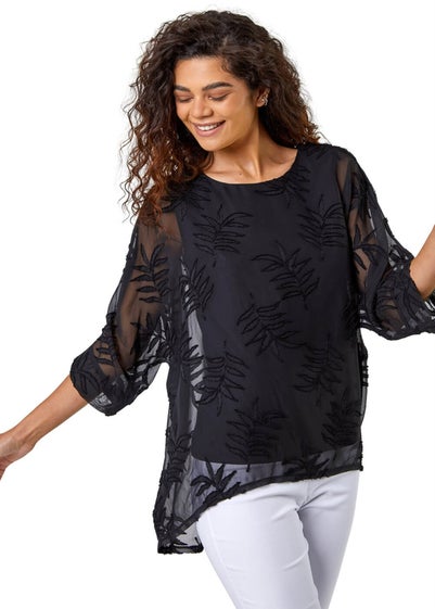 Roman Black Leaf Burnout Print Chiffon Overlay Top