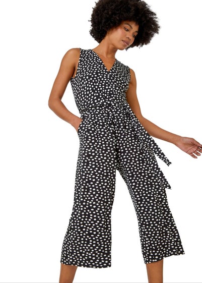 Roman Black Sleeveless Spot Culotte Stretch Jumpsuit