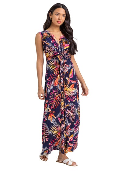 Roman Navy Tropical Twist Stretch Ruched Maxi Dress