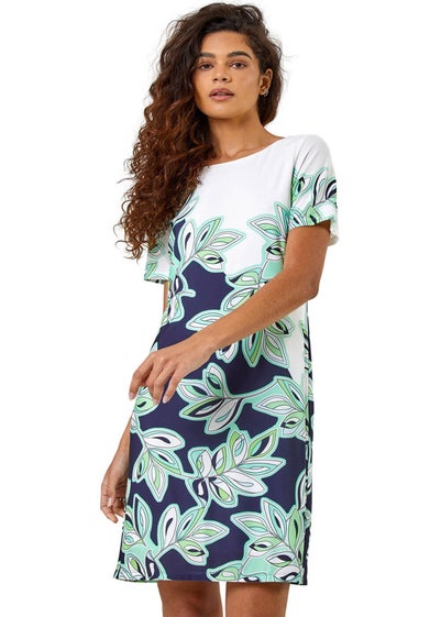 Roman Navy Leaf Print Shift Dress