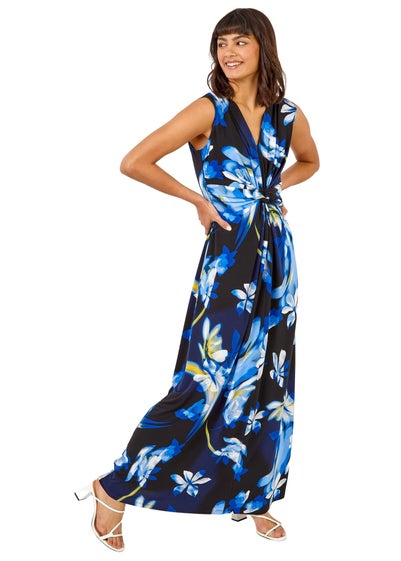 Roman Black Floral Jersey Stretch Twist Ruched Maxi Dress