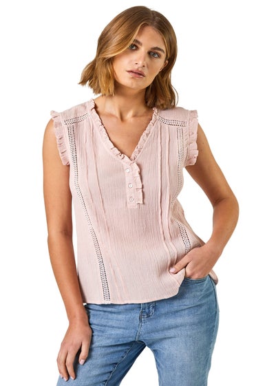 Roman Light Pink Ruffle Detail Cotton Crinkle Top