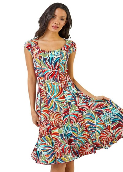 Roman Red Textured Leaf Print Panel Dress