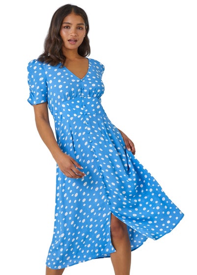 Roman Light Blue Polka Dot Ruched Sleeve Midi Dress