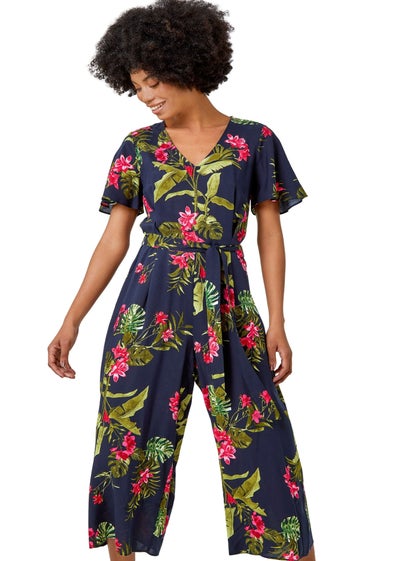 Roman Navy Tropical Print Belted Jumpsuit