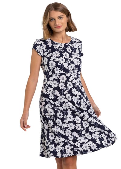 Roman Navy Floral Print Stretch Jersey Tea Dress