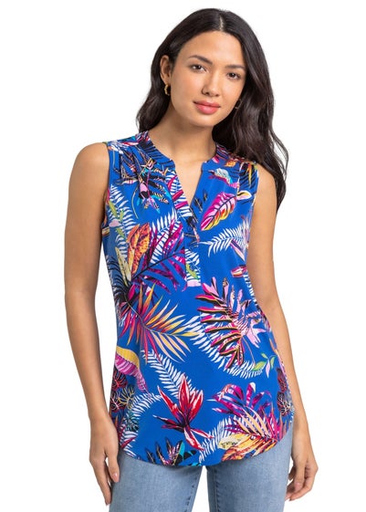 Roman Royal Blue Tropical Print V-Neck Stretch Jersey Top