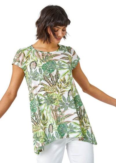 Roman Lime  Tropical Print Hanky Hem Tunic Top