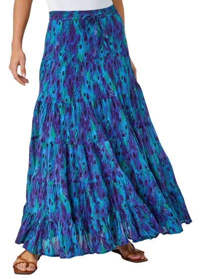 Roman Blue Feather Print Tiered Cotton Maxi Skirt