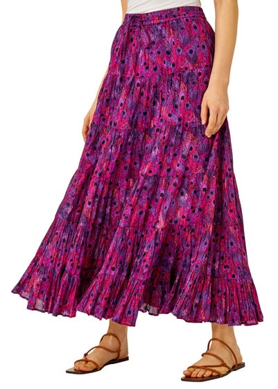 Roman Fuchsia Feather Print Tiered Cotton Maxi Skirt