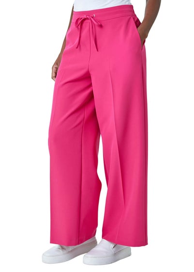 Roman Pink Wide Leg Elastic Waist Tie Front Trouser