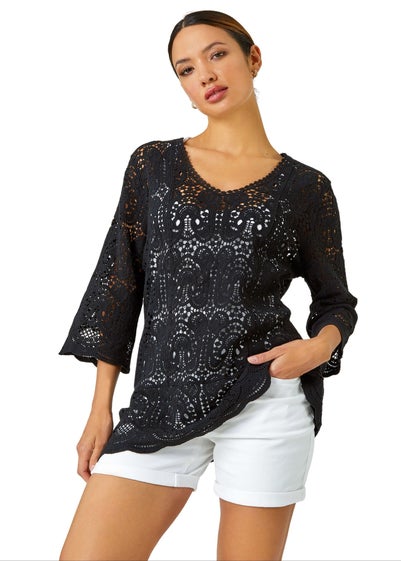 Roman Black Cotton Crochet Tunic Top