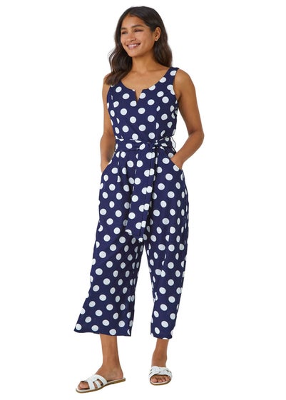 Roman Navy Spot Print Belted Jumpsuit