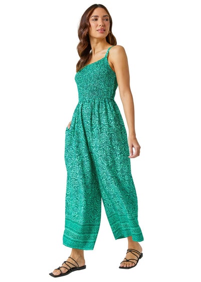 Roman Green Sleeveless Paisley Cropped Jumpsuit