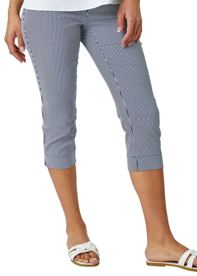 Roman Navy   Striped Elastic Waist Stretch Cropped Trouser