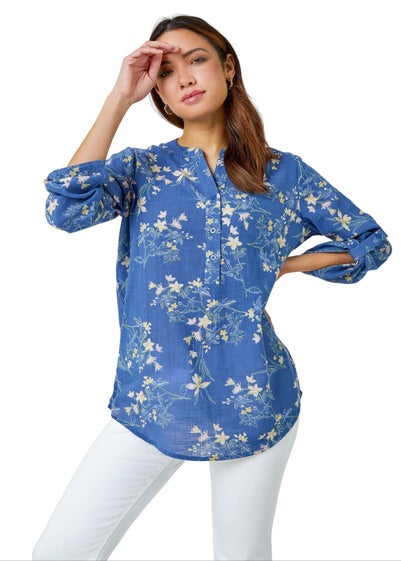 Roman Blue Cotton Floral Print V-Neck Overshirt