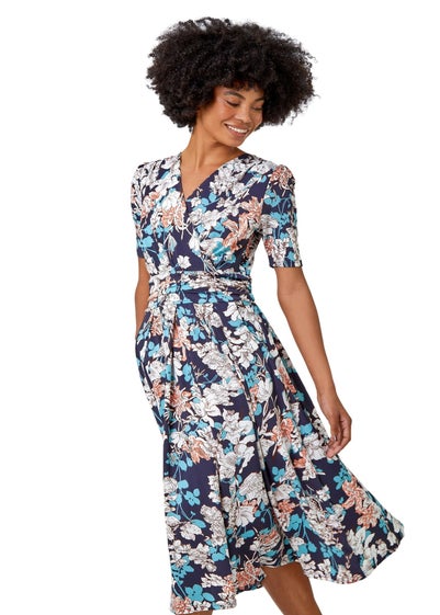 Roman Teal Floral Print Ruched Waist Wrap Dress