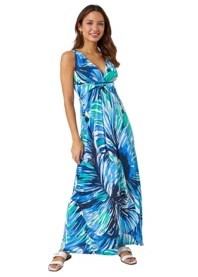 Roman Aqua Abstract Print Stretch Wrap Maxi Dress