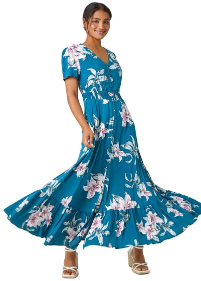 Roman Teal Floral Print Shirred Waist Maxi Dress