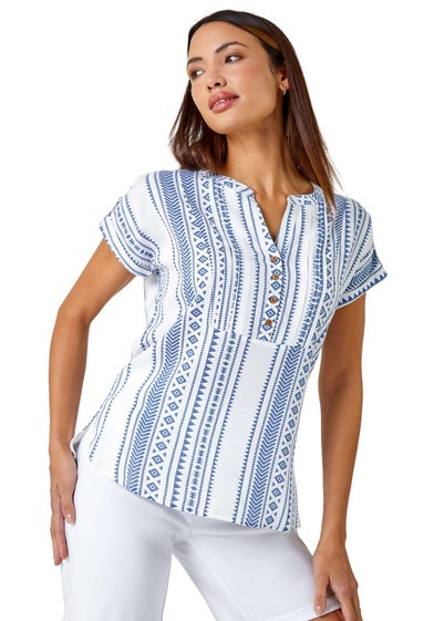 Roman Blue Aztec Print Button V-Neck Detail Top