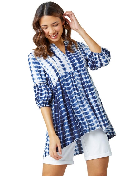 Roman Blue Tie Dye Print Smock Tunic Top