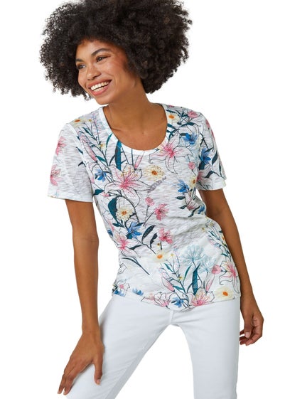 Roman Ivory Embellished Floral Print T-Shirt