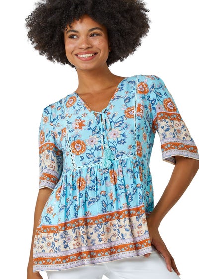 Roman Blue Floral Border Print Tassel Detail Top