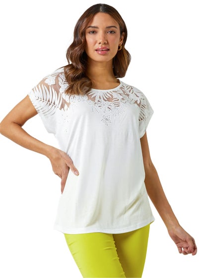 Roman Ivory Sparkle Palm Print Cut Out T-Shirt