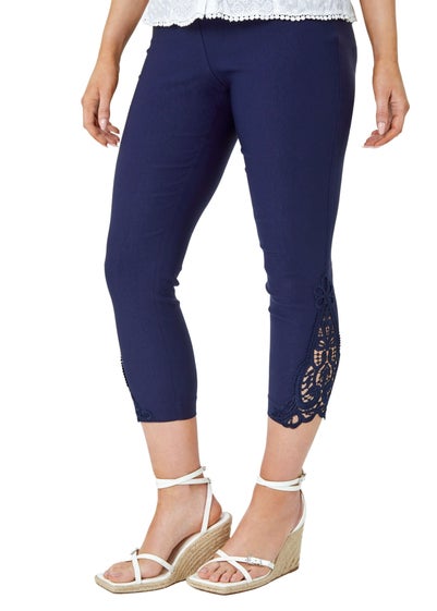 Roman Navy Lace Insert Crop Stretch Trousers