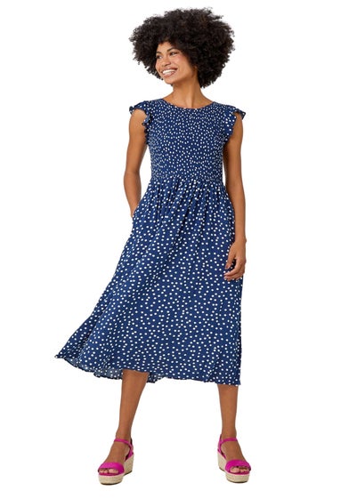 Roman Navy Frill Sleeve Spot Shirred Midi Dress