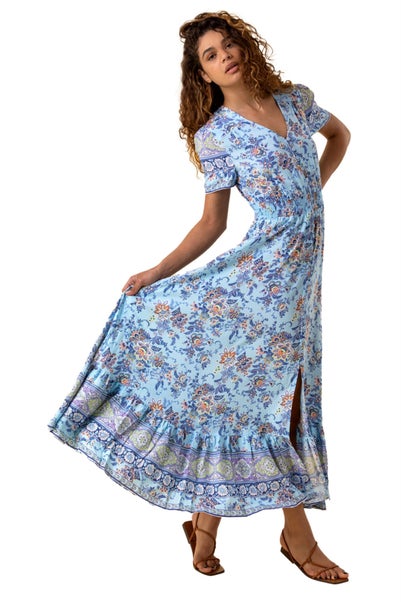 Roman Blue Floral Print Shirred Waist Maxi Dress