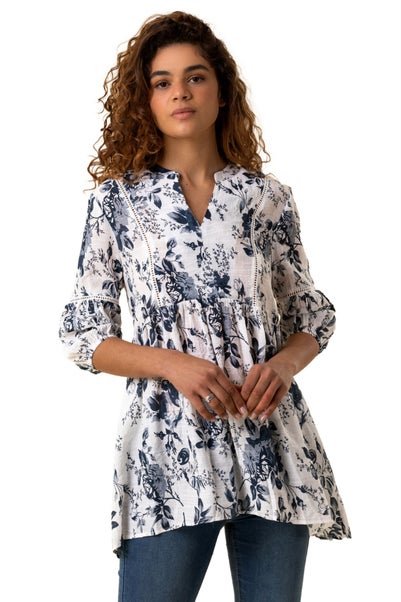 Roman Blue Floral Print Notch Neck Top