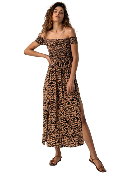 Roman Brown Shirred Leopard Print Bardot Dress