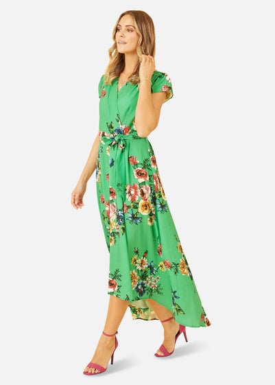 Mela Green Bright Floral Dip Hem Wrap Midi Dress