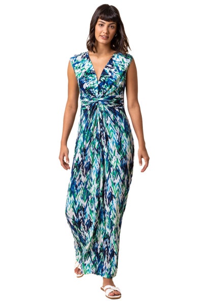 Roman Green Abstract Print Twist Front Maxi Dress