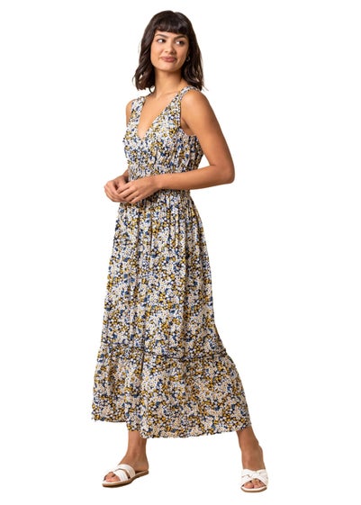 Roman Multi Ditsy Floral Shirred Waist Midi Dress