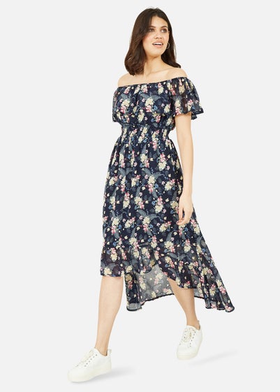 Mela Navy Tropical Printed Dipped Hem Bardot Dress