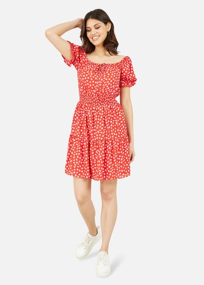 Mela Red Heart Printed Bardot Skater Dress