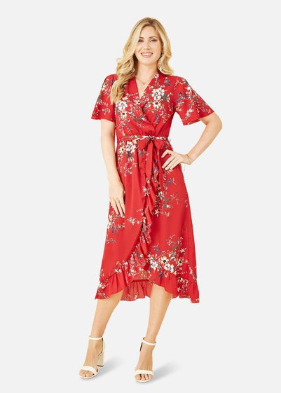 Mela Red  Floral Dip Hem Wrap Midi Dress