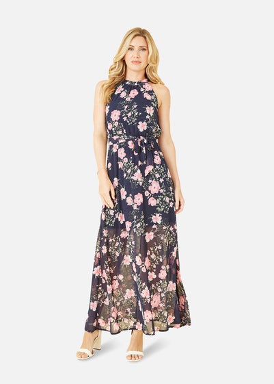 Mela Navy Floral Print Halter Neck Maxi Dress